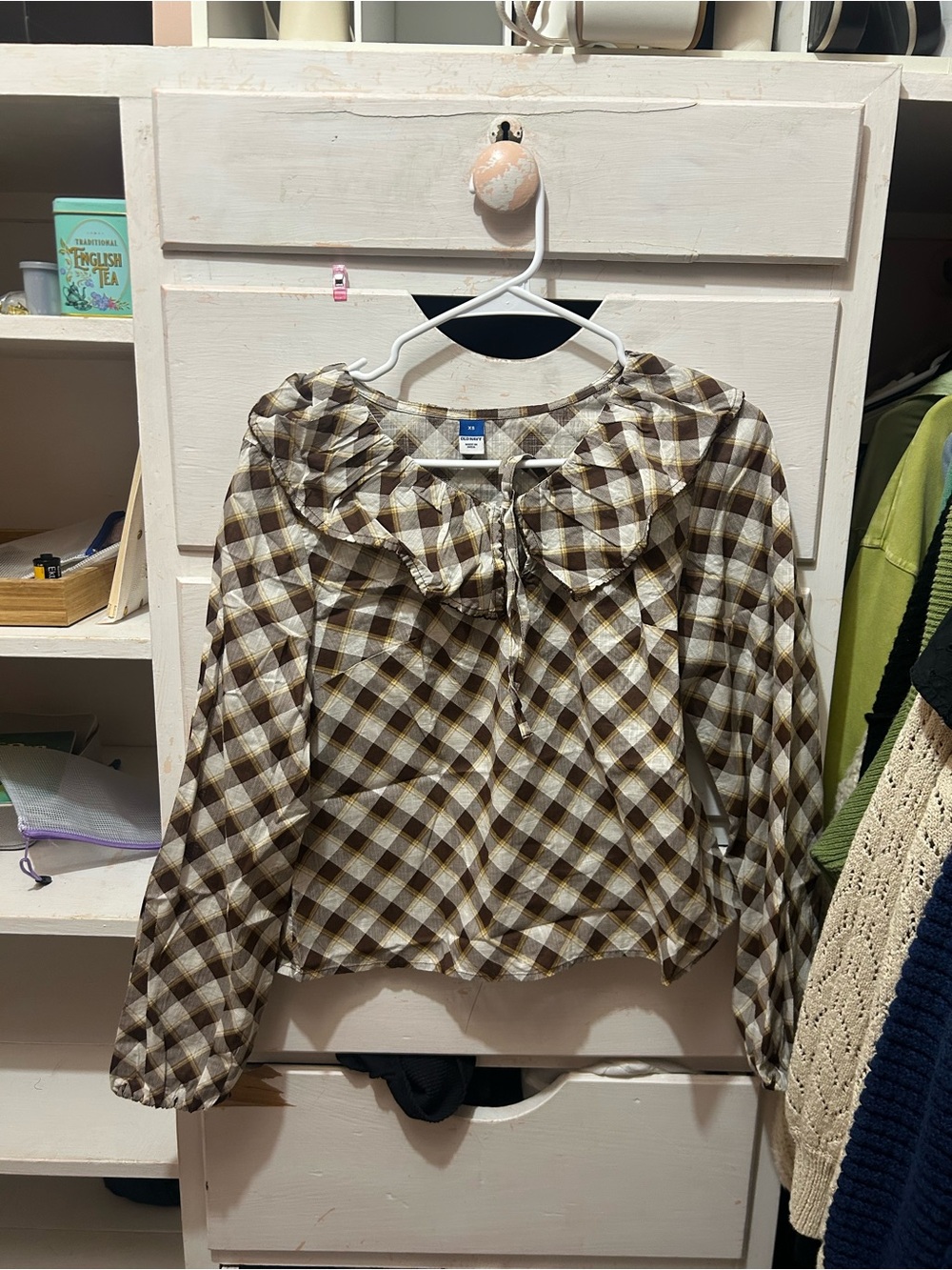 Old Navy Brown & Cream Plaid Ruffle-Collar Blouse